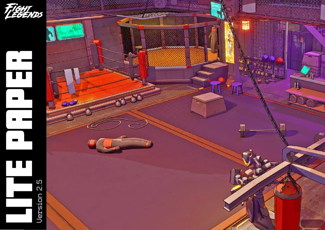 Fight Legends Litepaper version 2.5 cover showing a futuristic training gym