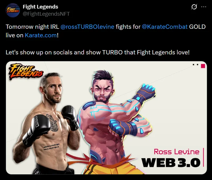 Fight Legends social post pairing Ross Levine with his game-character artwork