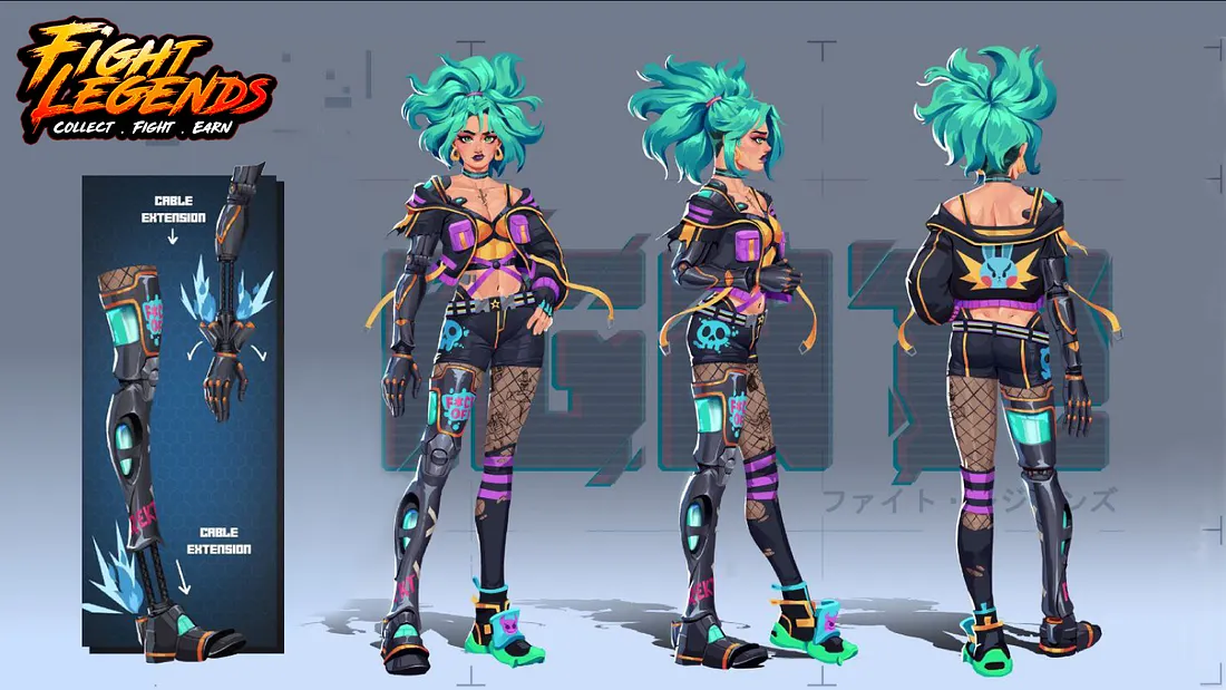 Fight Legends project artwork showing Nix’s character design from three angles