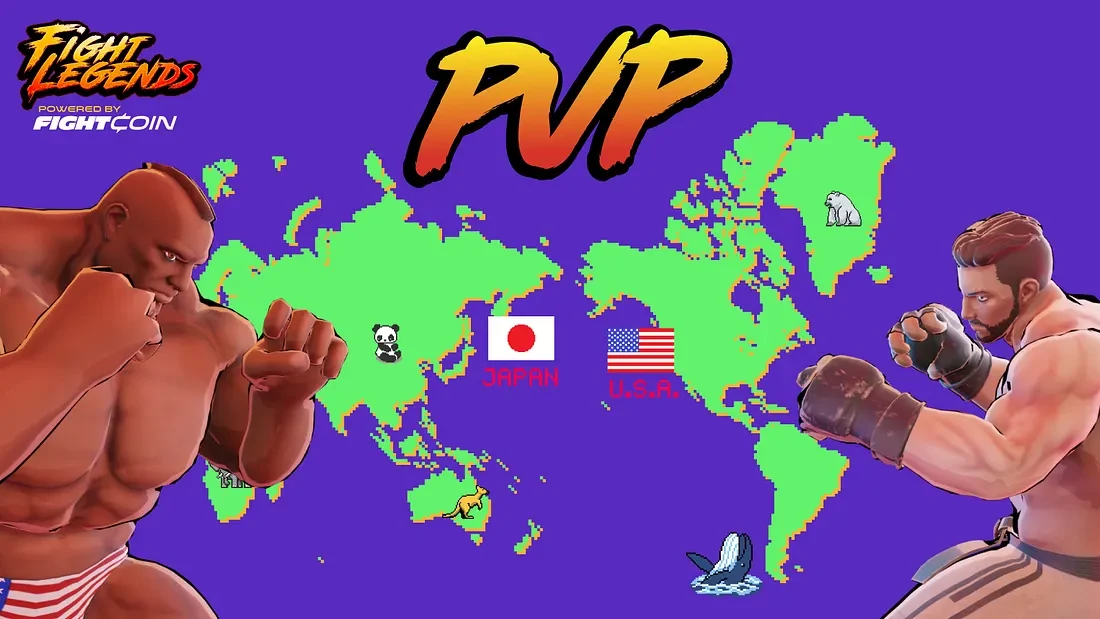 Two Fight Legends fighters facing each other across a purple world map