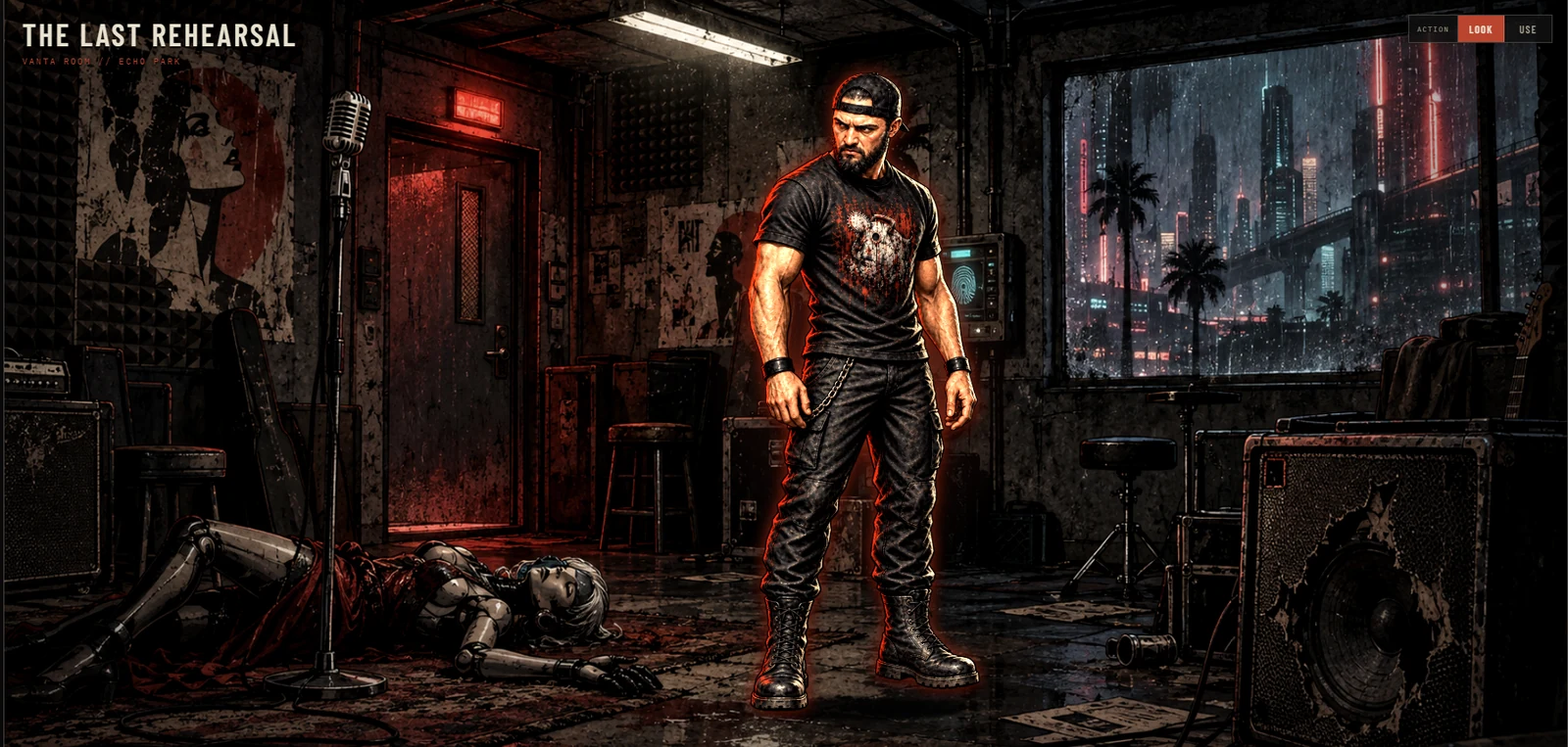 The Last Rehearsal player character in the investigative rehearsal-room scene, with the body, terminal, and Look and Use controls