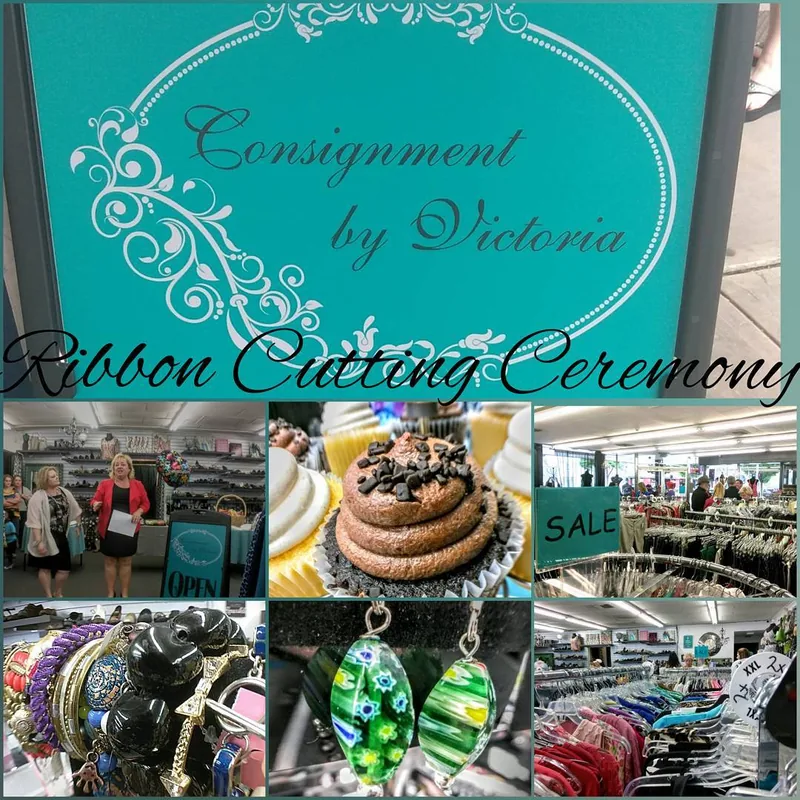 Consignment by Victoria ribbon cutting collage with shop displays and refreshments.