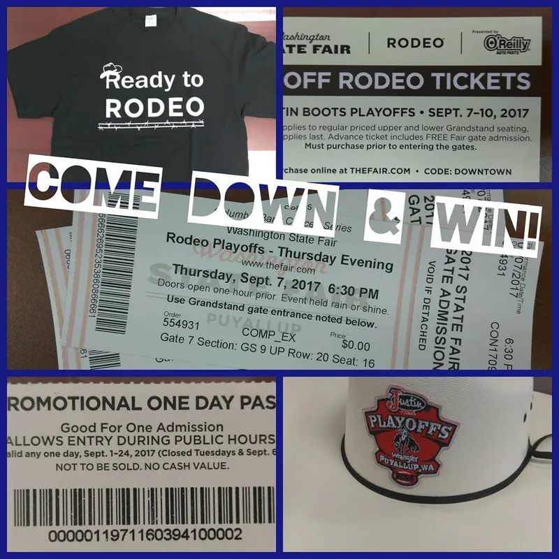 Rodeo giveaway collage showing tickets, merchandise, and an invitation to enter.